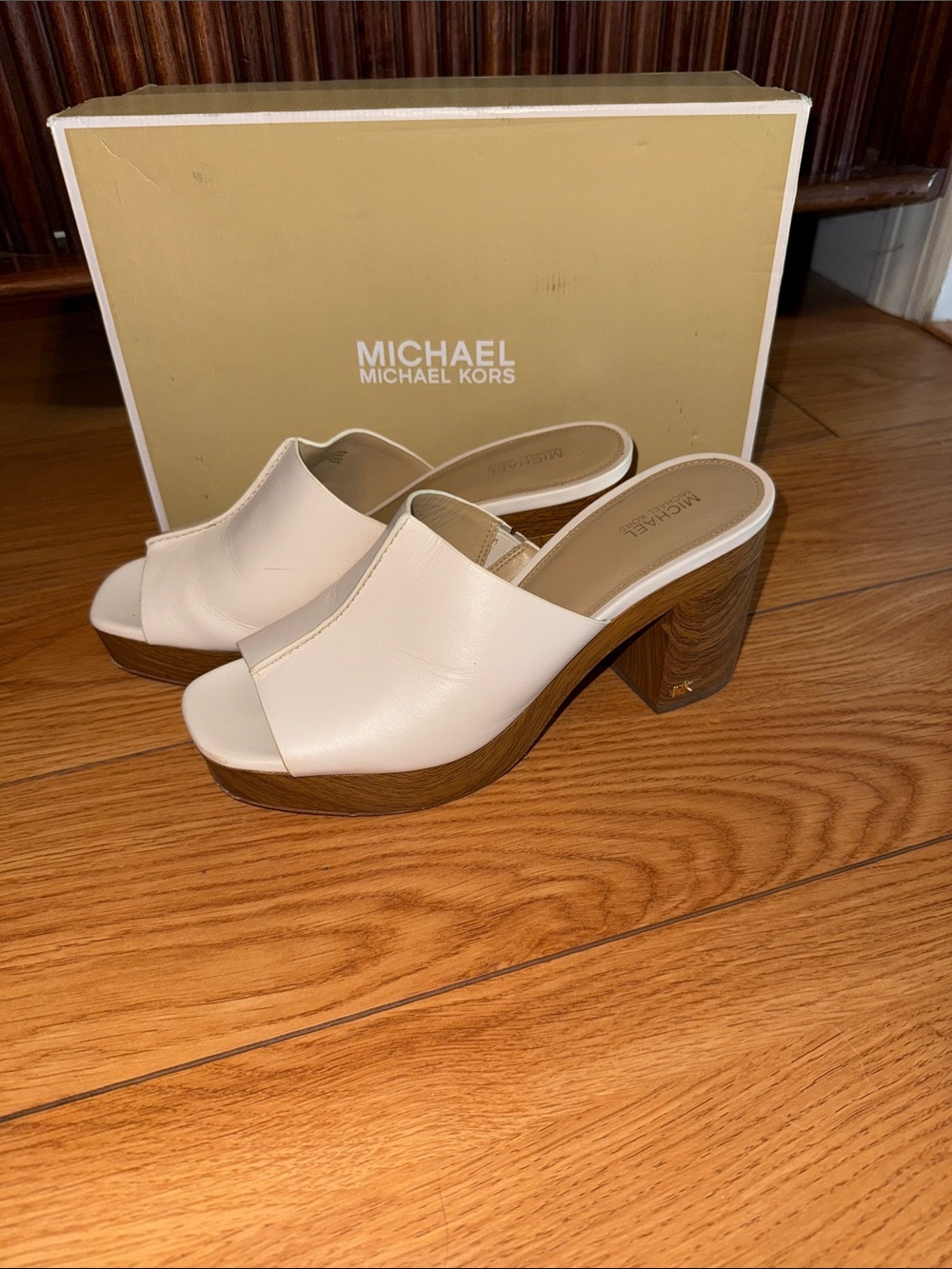 Michael Kors Cream Leather Slide Mule with Wood-Effect Block Heel